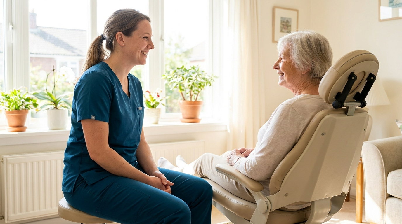 A dentist and an elderly woman talking and laughing beside a portable dental chair in her sitting room