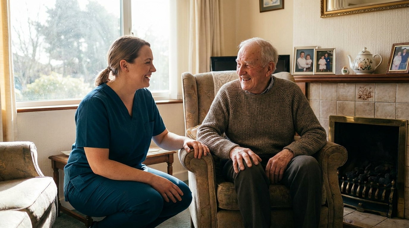A dentist crouched beside an elderly man in his own armchair, the two of them laughing together