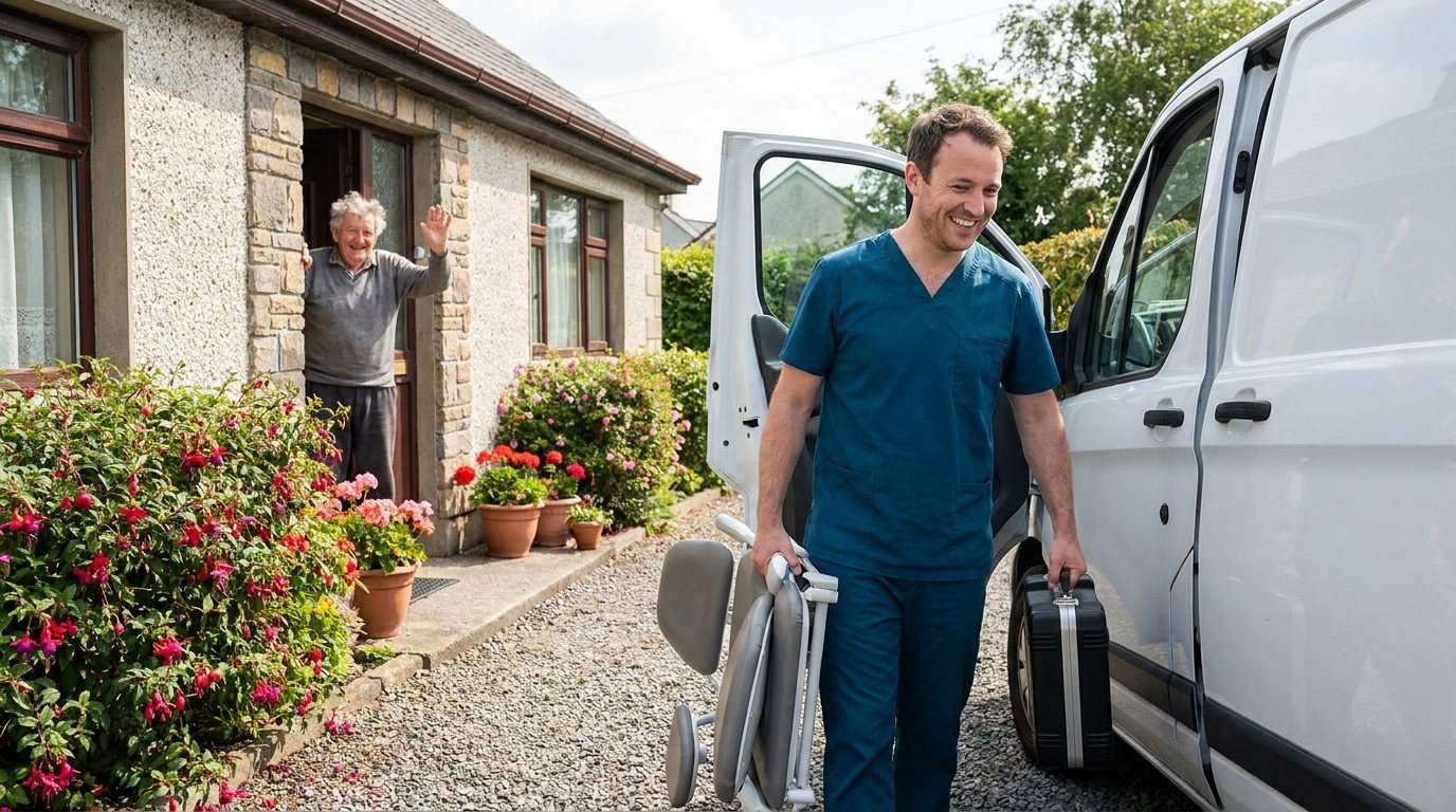 A dentist unloading portable dental equipment from the AtHomeDental van outside a patient's home