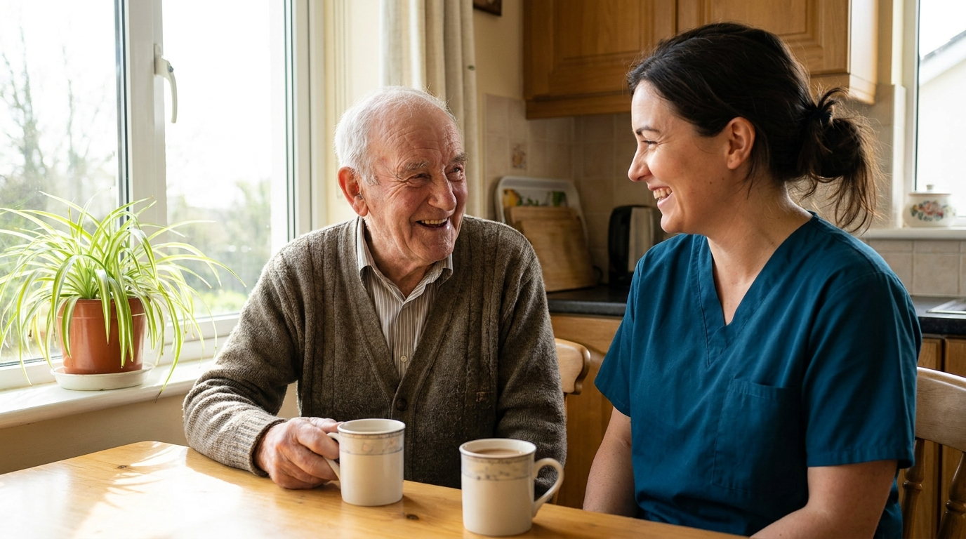An older person and a dentist talking at a kitchen table during a home visit