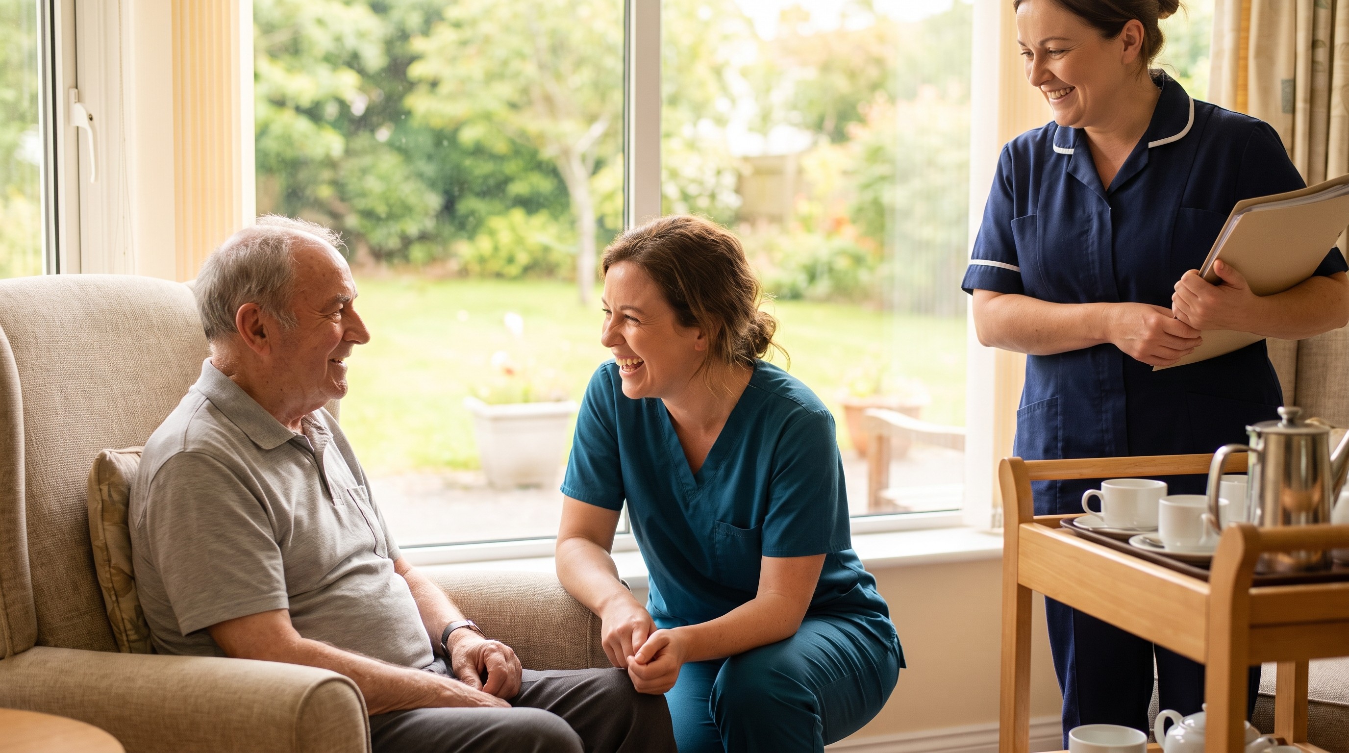 A dentist crouching beside a resident's armchair in a nursing home day room, laughing together, with a care assistant and tea trolley nearby
