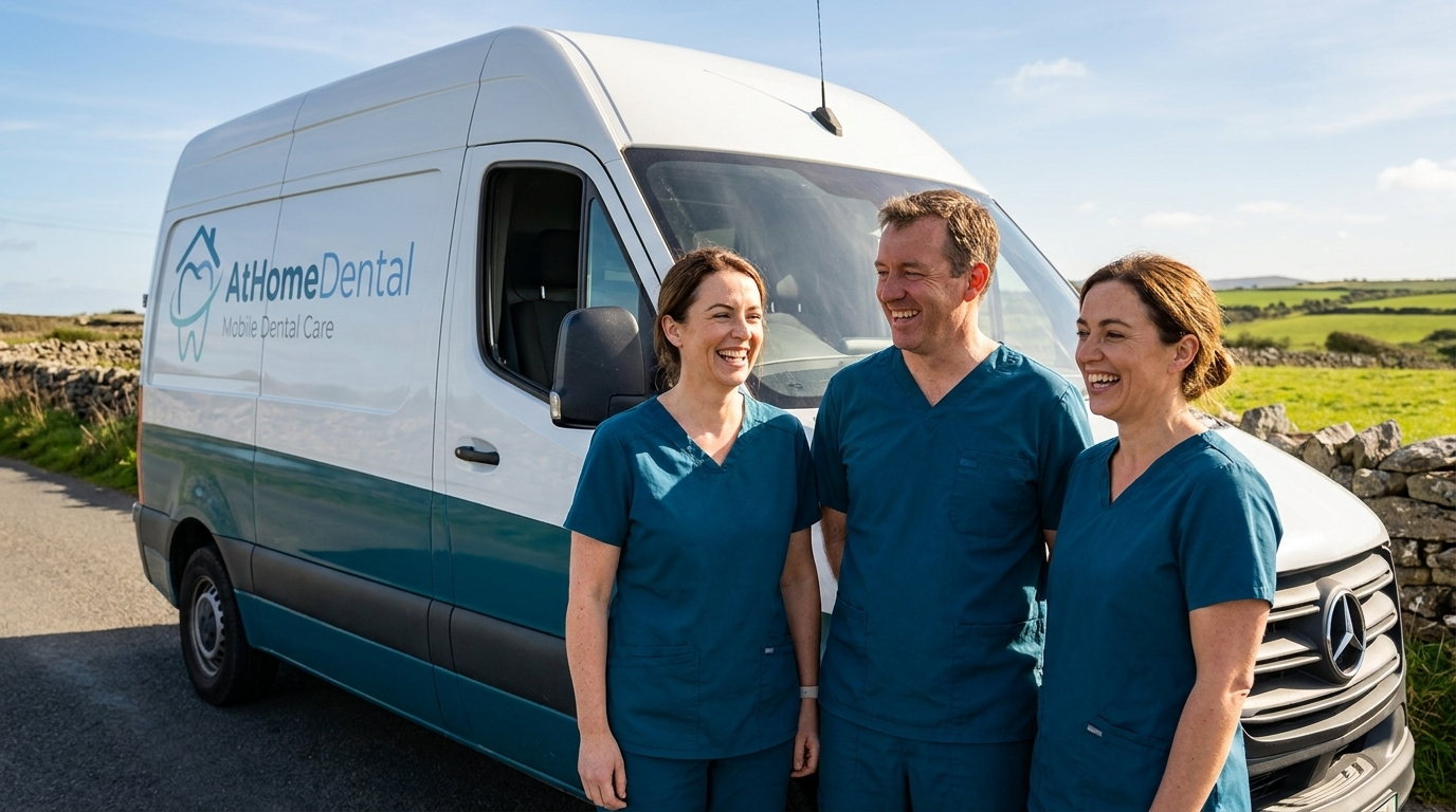Three AtHomeDental dentists laughing together beside their van on a country road