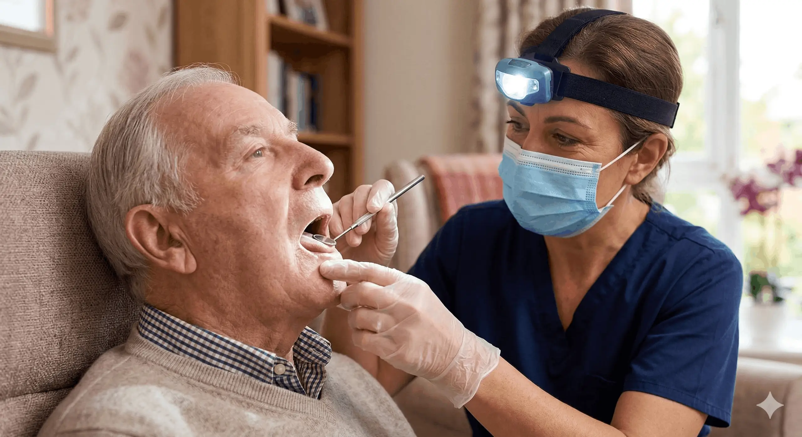 A professional mobile dentist in blue scrubs and a face mask uses a headlamp and dental mirror to perform an oral examination on an elderly man in a comfortable home setting in Dublin.