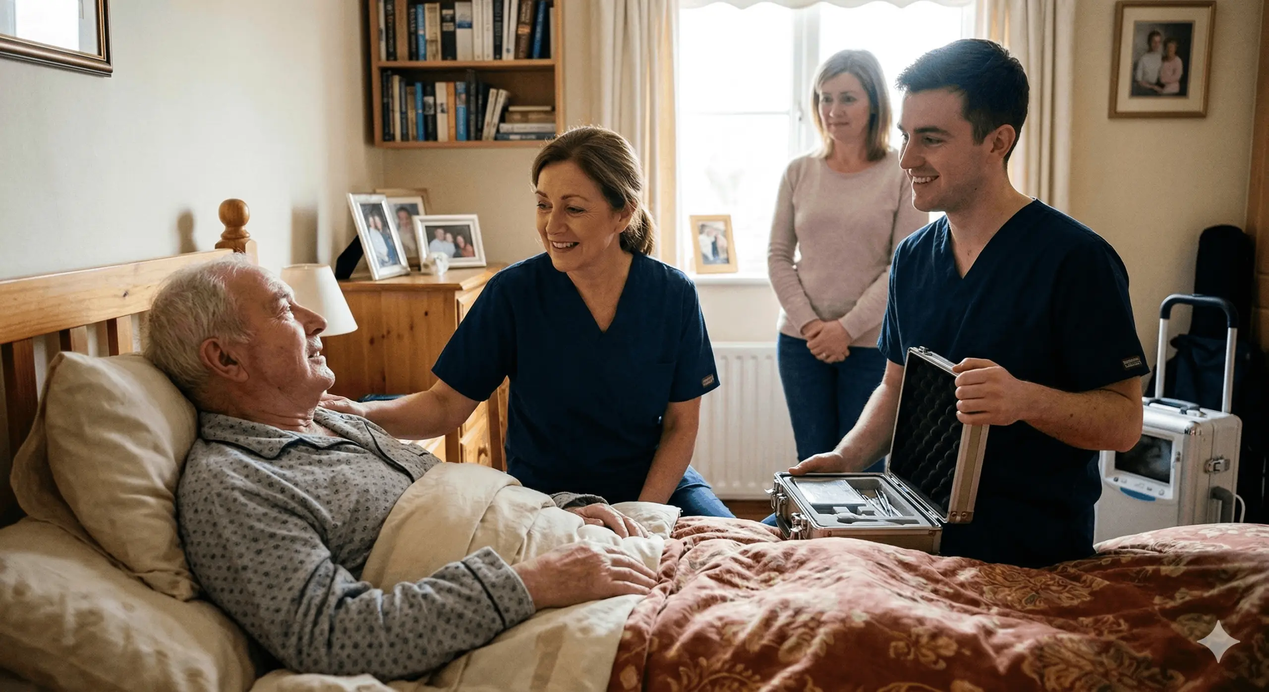 Two mobile dental professionals in blue scrubs visiting an elderly man in bed, showing him a professional dental kit during a home consultation in Dublin.