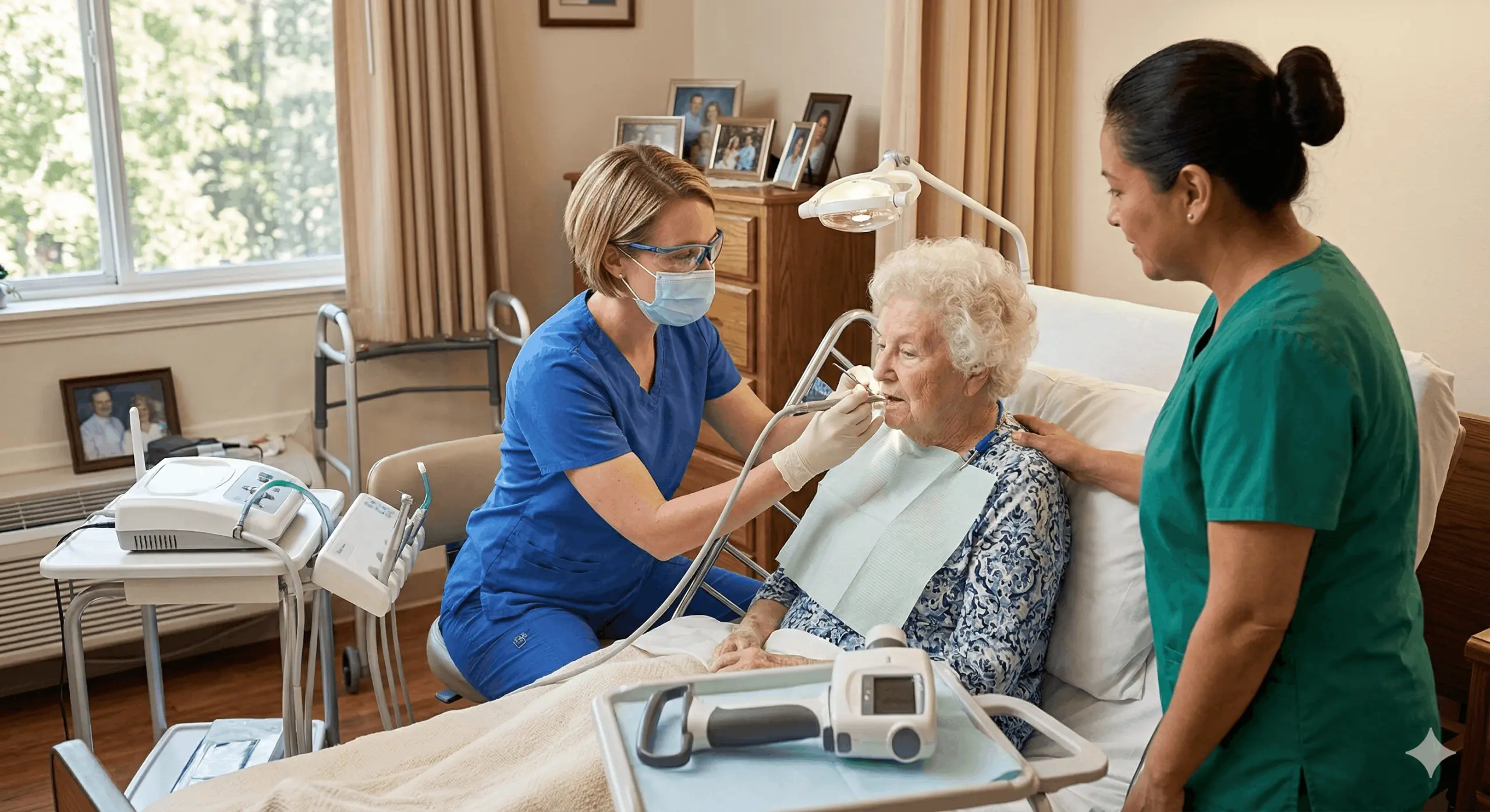 A female dentist wearing a headlamp shows a digital referral plan on a tablet to an elderly man and his daughter in a home setting.