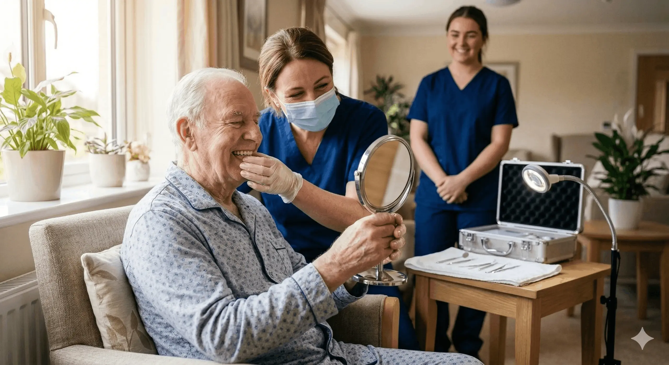 A smiling elderly man in pajamas looking at his new dentures in a handheld mirror while a female mobile dentist in blue scrubs and a face mask assists him in a living room setting.