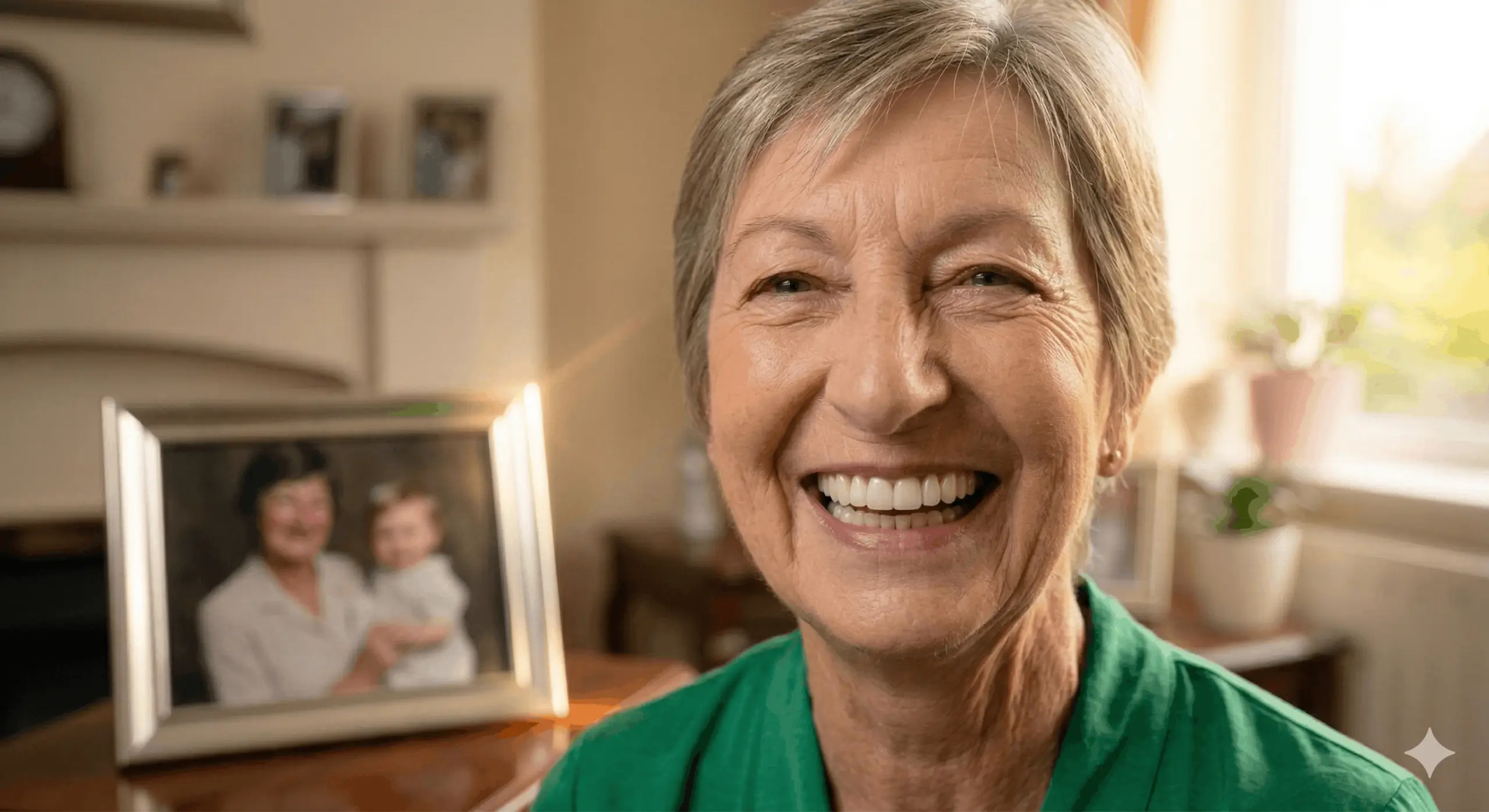 A happy elderly woman with a bright, natural-looking smile sitting in her living room, with a framed family photo visible in the background, showcasing successful dental results.
